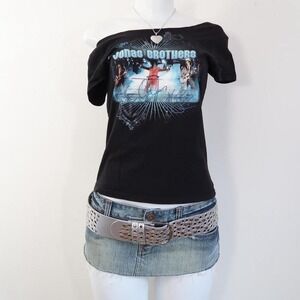 y2k jonas brothers graphic tee off shoulder raw hem